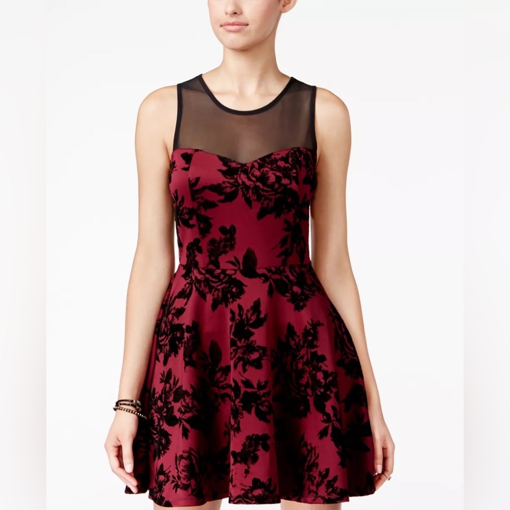 Maroon + Black Floral Dress with Illusion Mesh Neckline